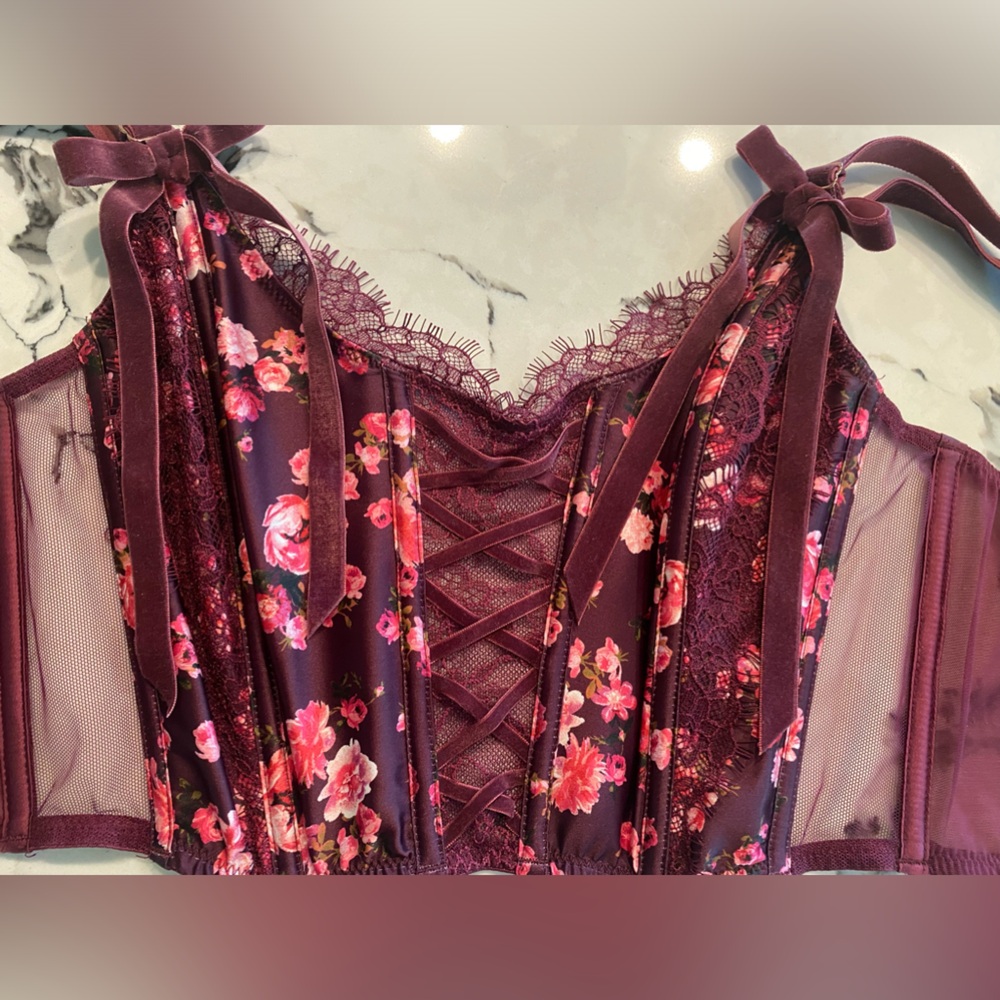 Victoria's Secret Floral Lace Corset Top - Burgundy and Pink